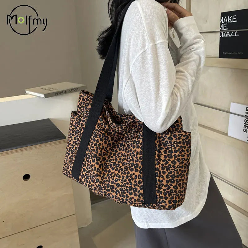 Leopard Canvas Tote Bag Large Capacity Women's Shoulder Handbag