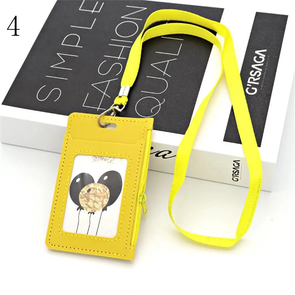 Fashion ID Badge Card Holder Colorful Leather Business Card Case Cover with Neck Lanyard Coin Purse Zipper Bag Wallets