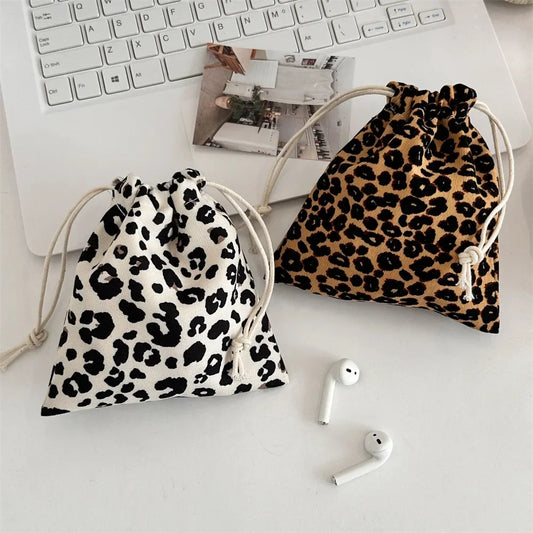 Leopard Print Drawstring Cosmetic Bags Fashion Girl Coin Bags Purse Keys Earphone Lipstick Toiletry Makeup Organizer Pocket Bags