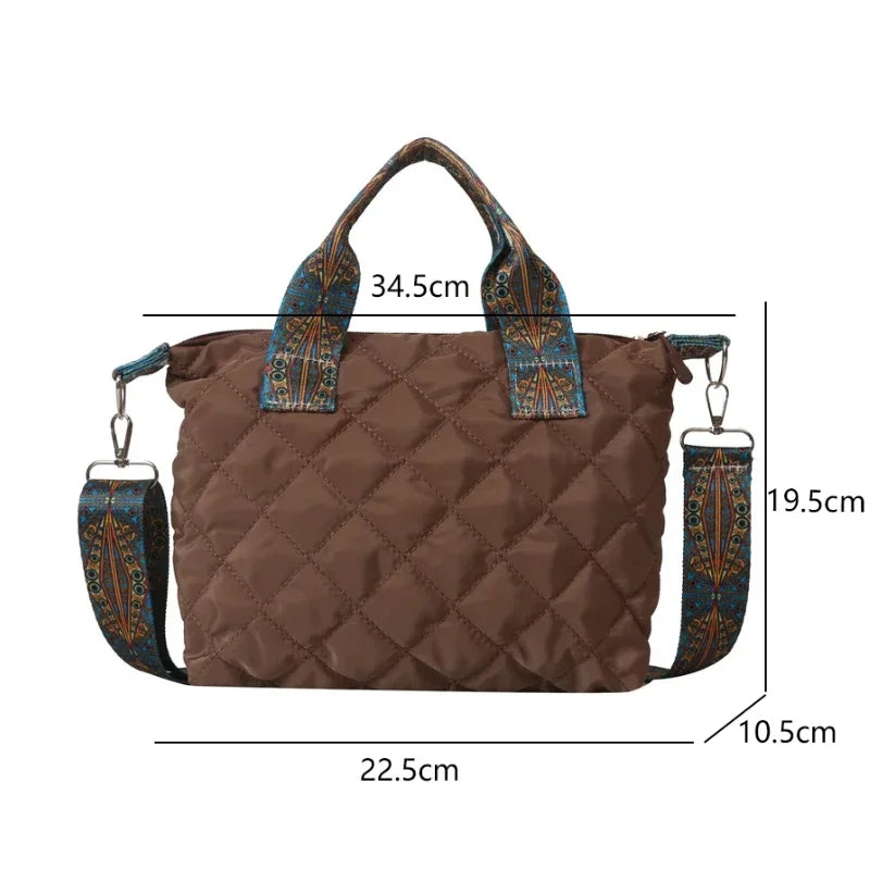 Women Wide Shoulder Belt Handbag Fall/Winter Rhombus Space Cotton Shoulder Bag Large Capacity All-Match Shopping Tote Bag