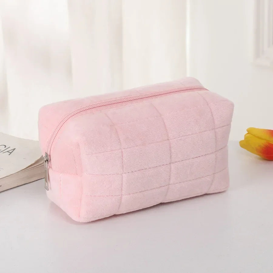 Solid Plush Cosmetic Storage Bag Large Women Zipper Makeup Organizer Handbag Stationery Pencil Case Travel Make Up Toiletry Bag