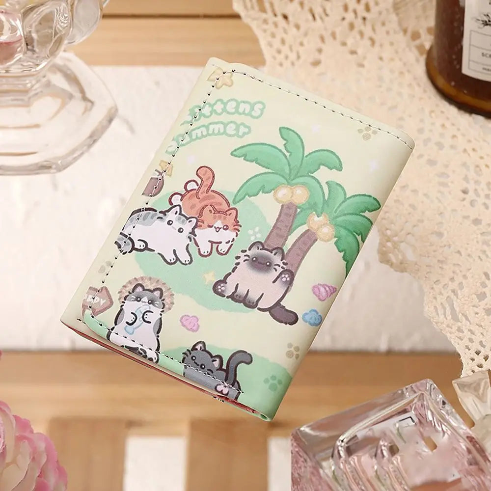 PU Leather Money Coin Purse 3 Folds INS Style Credit Card Holoder Cute Kitten Dog Card Wallets Money Bag Girls Students Gift