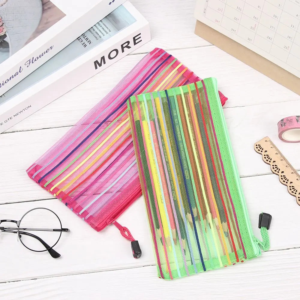 Fashion Zipper Pencil Case Solid Color Mesh Pen Bag Cosmetic Storage Rainbow Color Cosmetic Handbags Coin Purse Stationery