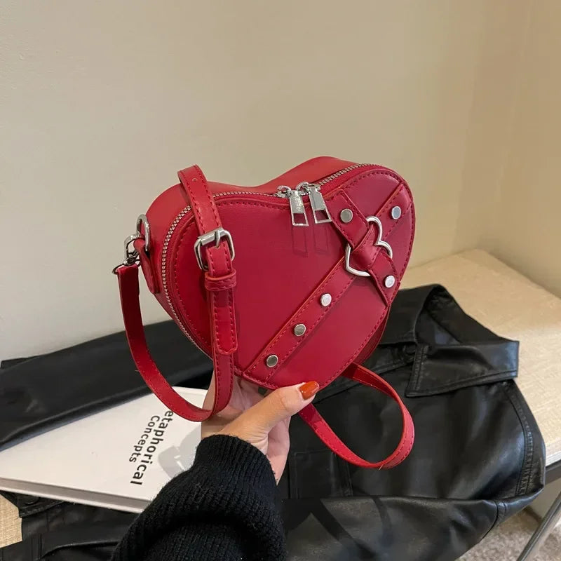 Y2K Heart Shaped Red PU Leather Gothic Crossbody Bag