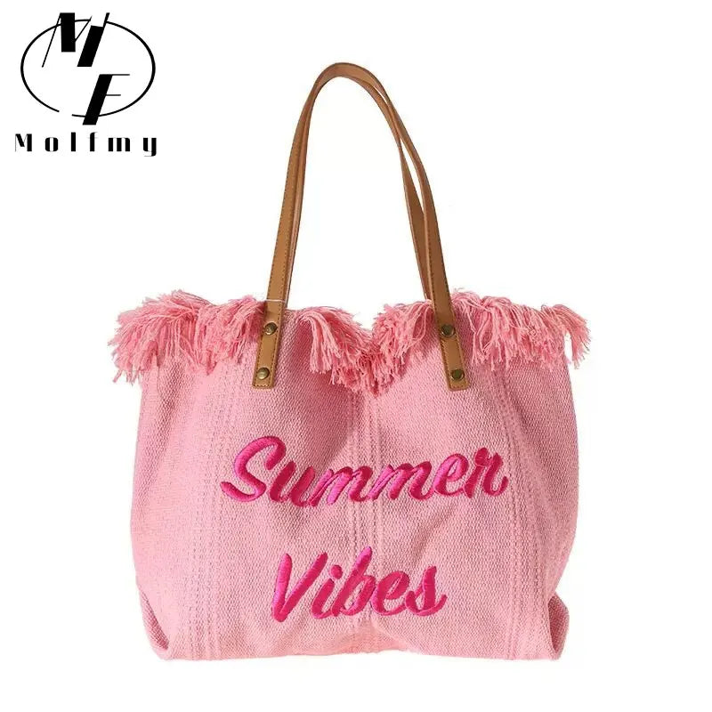 Women's Large Capacity Embroidered Tassel Beach Tote Bag