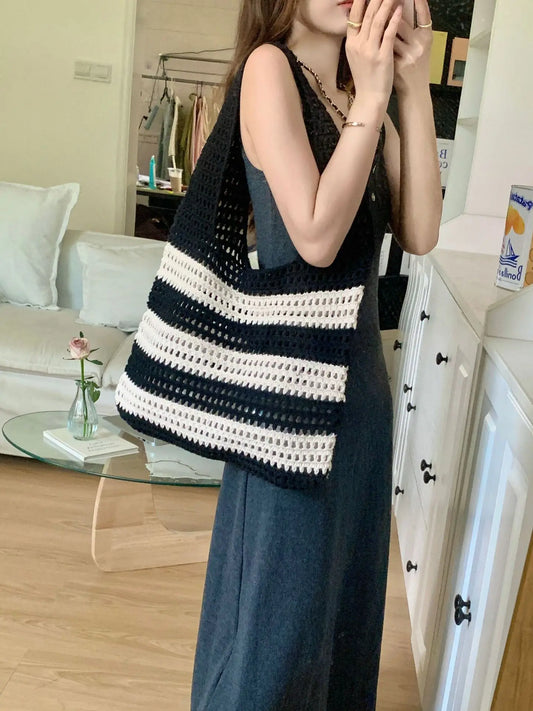 Women's Knitted Contrast Color Tote Bag - Large Capacity Woven Beach Handbag