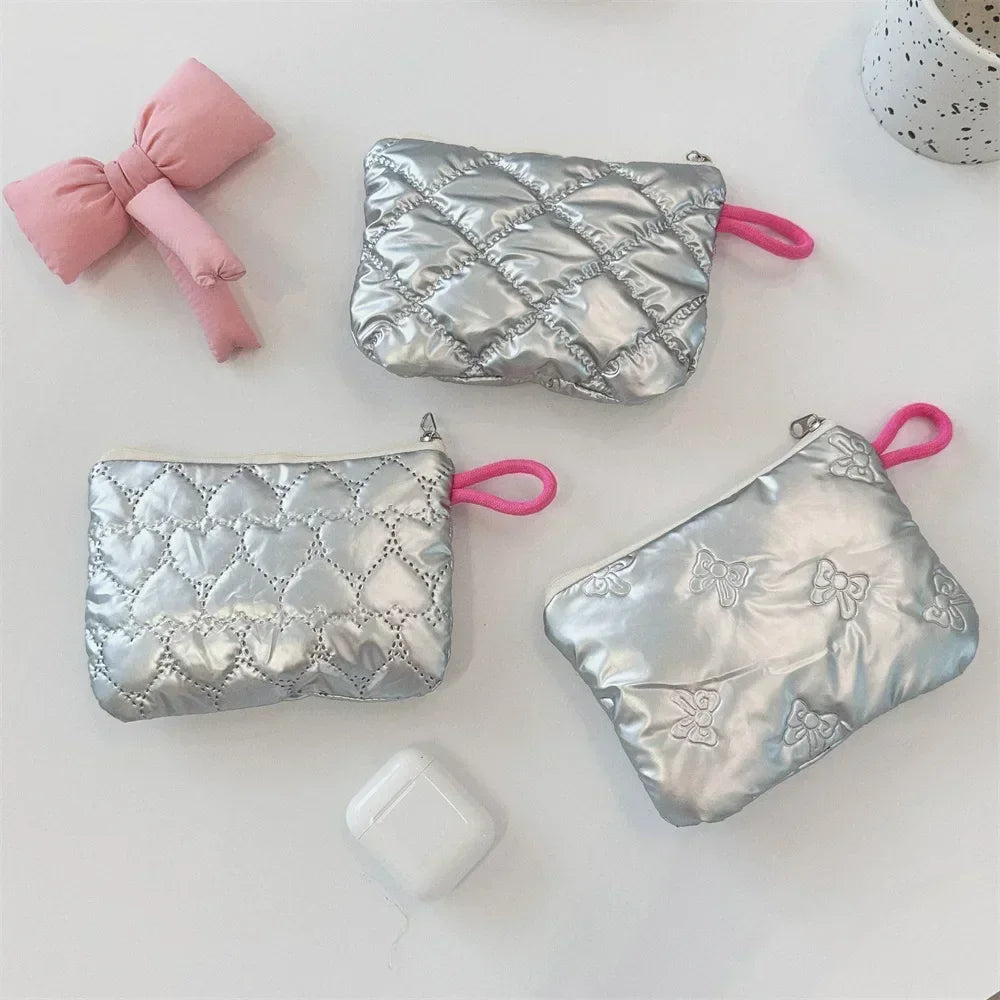 Waterproof Silver Love Bow Pattern Cute Coin Purse Small Clutch Coin Wallet Lady Girls Earphone Coin Key Money Storage Bag Pouch