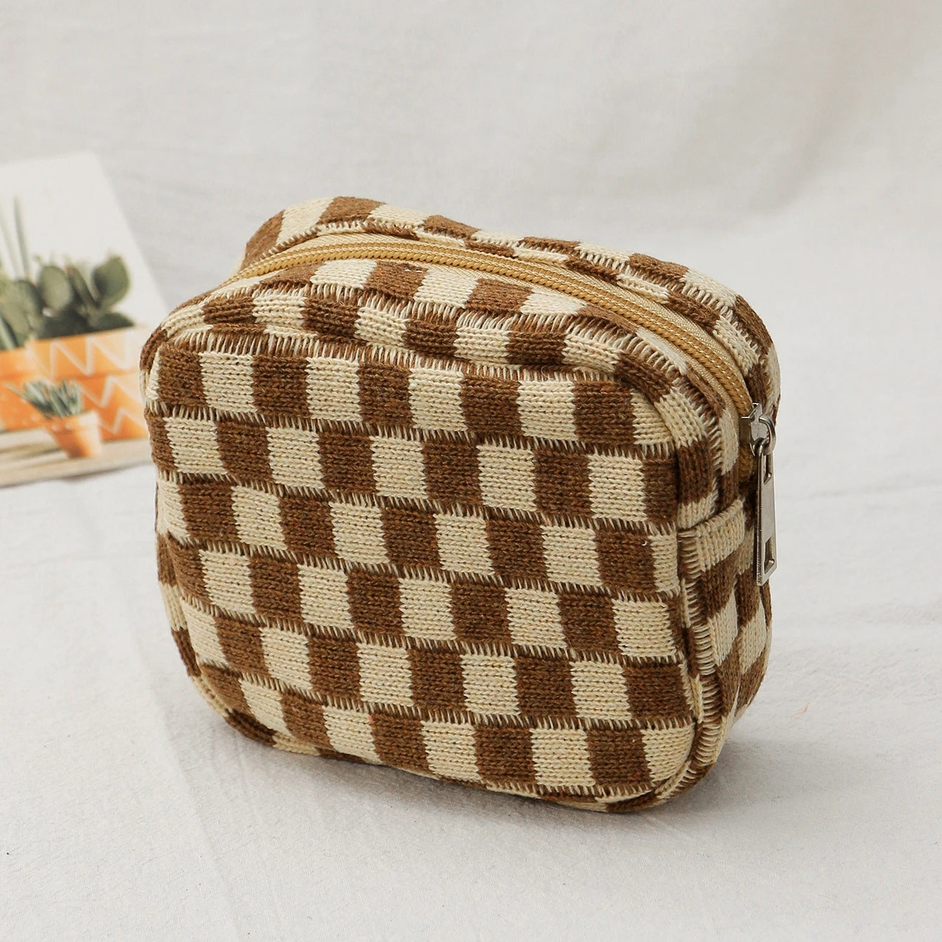 Checkerboard Cosmetic Bag Knitted Toiletry Storage Bag Colorful Makeup Pouch Organizer Checkered Pattern Cosmetic Bag