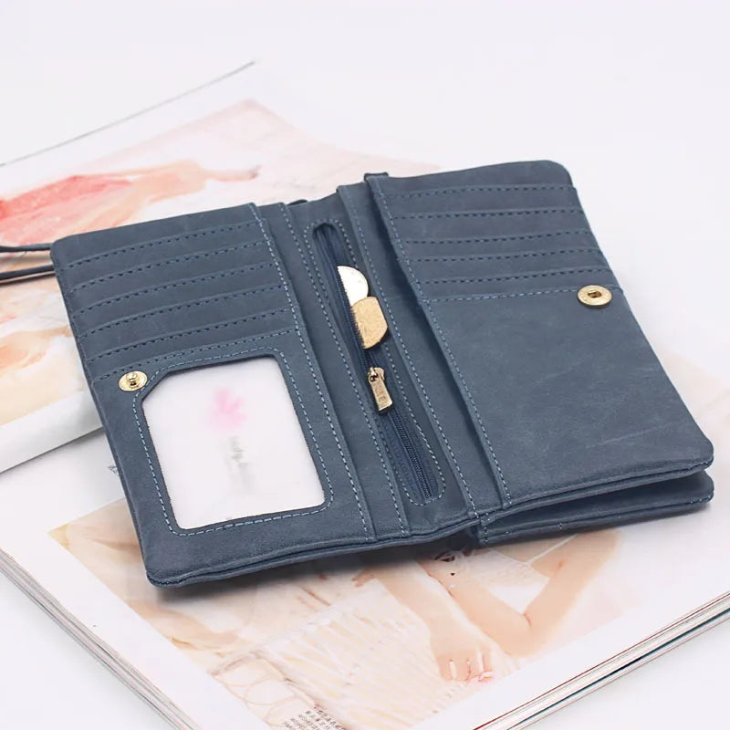 Large Capacity Women's Dull Polish Leather Wallet Double Zipper Clutch Wristlet Purse Phone Coin Card Holder Multi-pocket Wallet