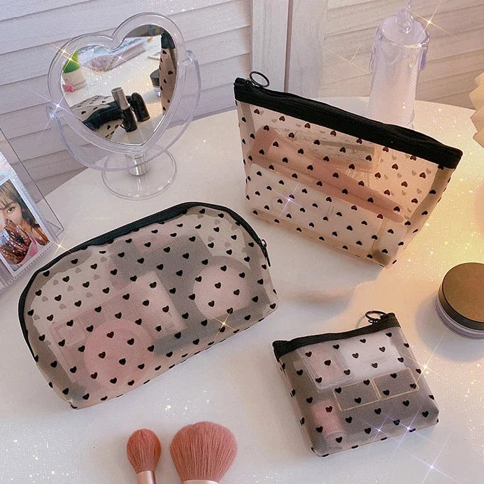 Transparent Heart Mesh Storage Bags Women Necessary Cosmetic Bag Travel Organizer Small Large Black Toiletry Bags Makeup Pouch