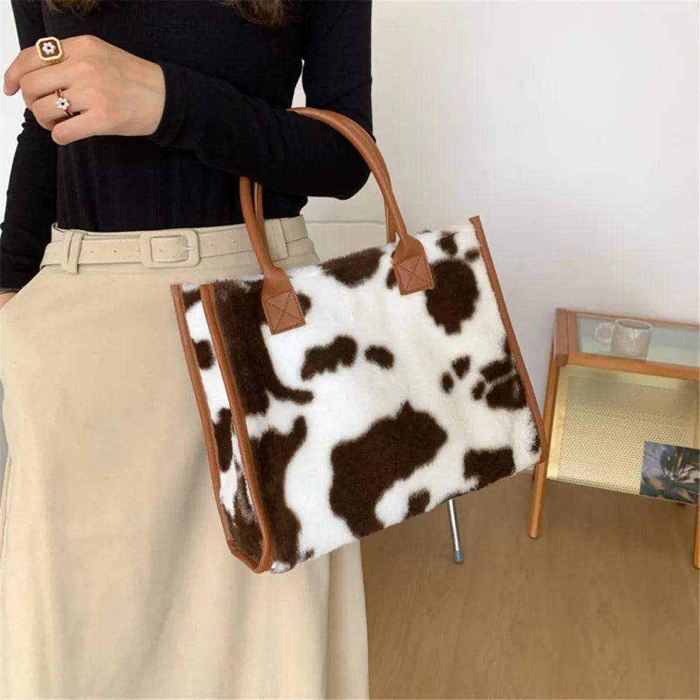 Faux Fur Cow Pattern Tote Bag - Large Capacity Plush Shoulder Handbag