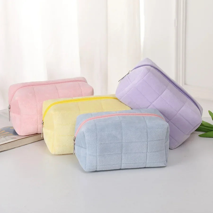 Solid Plush Cosmetic Storage Bag Large Women Zipper Makeup Organizer Handbag Stationery Pencil Case Travel Make Up Toiletry Bag