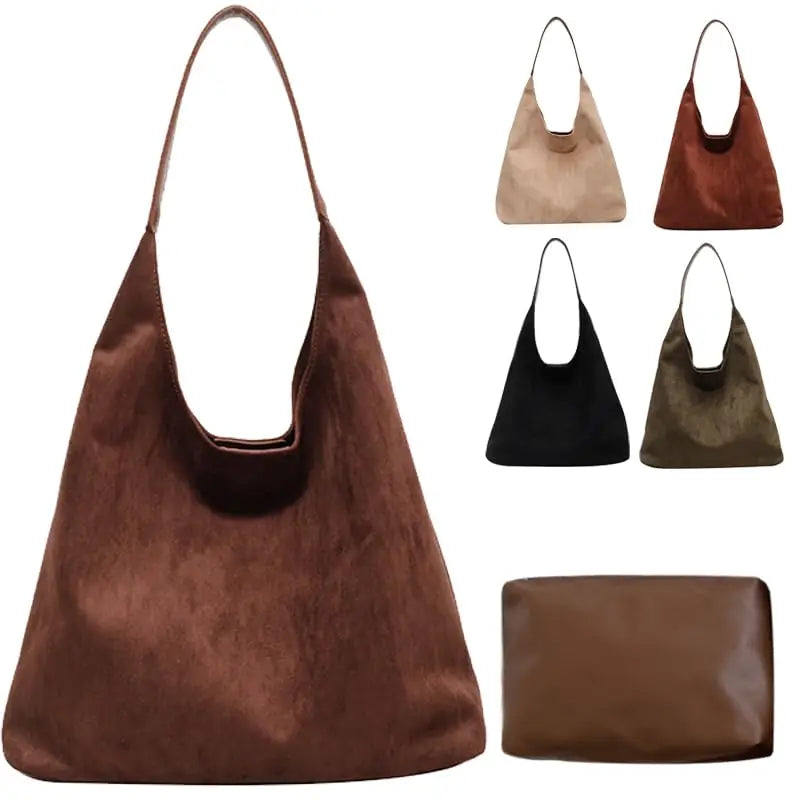 Suede Leather Shoulder Bag with Zipper Pocket - Women's Fashion Handbag