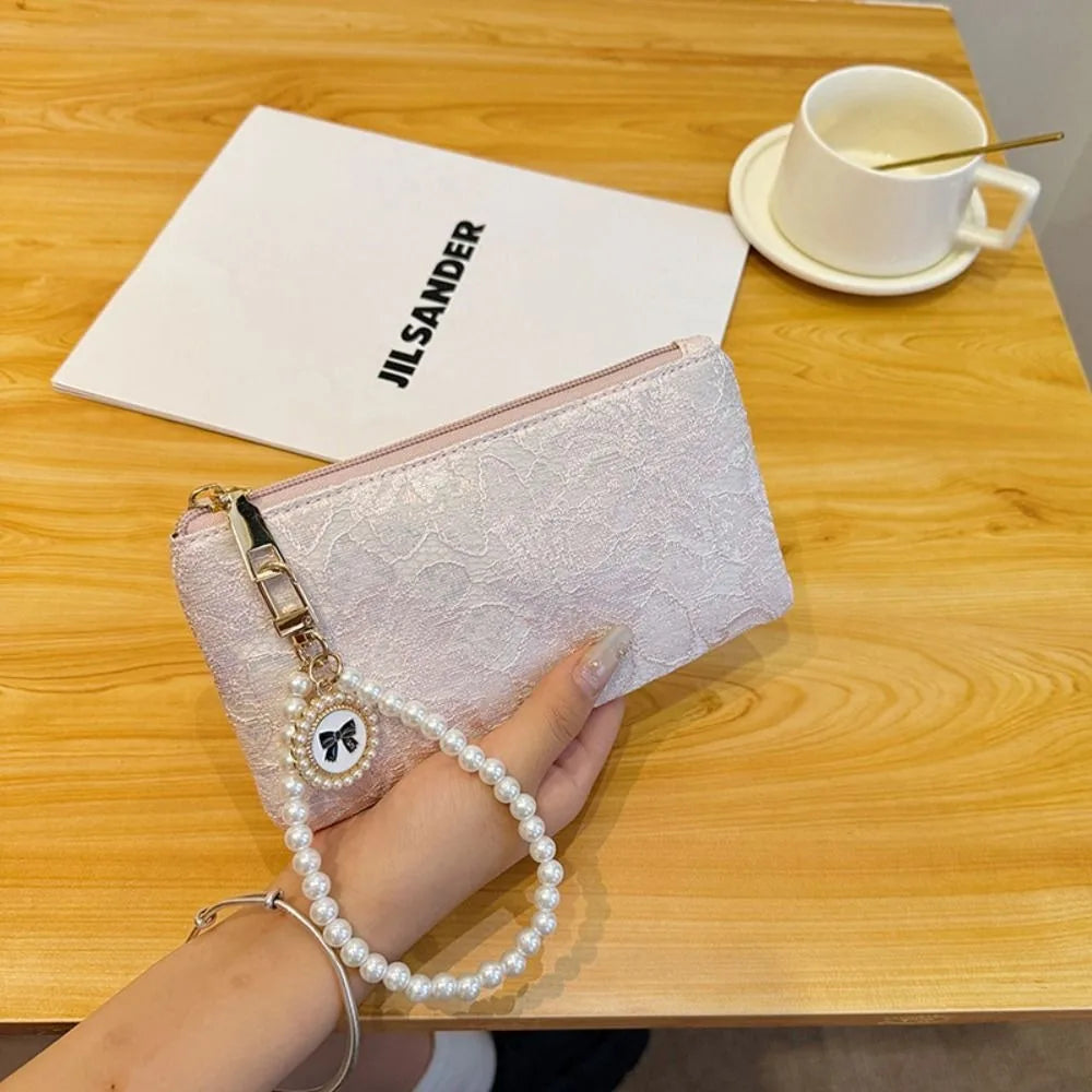 Fashion Elegant Large Capacity Women Wallet Pearl Chain Lace Coin Purse Clutch Bag Storage Bag Party Bag