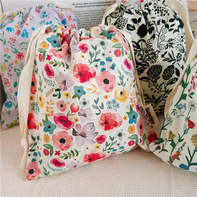 Portable Organizer for Underwear Socks Bra Cotton Makeup Bag Travel Drawstring Bags Ins Flower Print Clothes Cosmetic Bags 2025