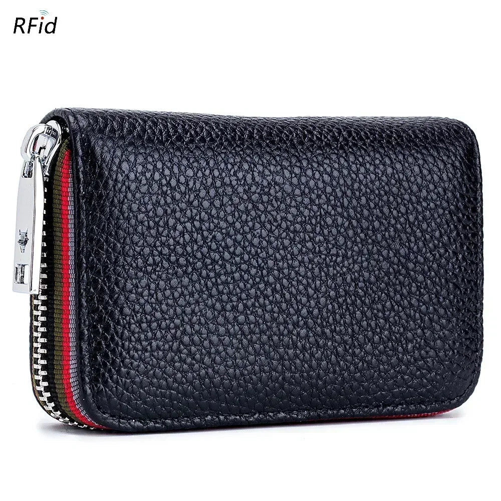 Genuine Leather Men Women Card Holder Small Zipper Wallet Solid Coin Purse Accordion Design Rfid ID Business Credit Card Bags