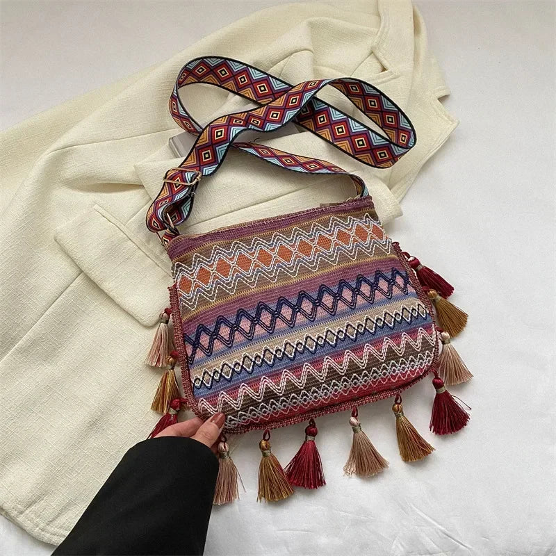 Vintage Ethnic Handwoven Tassel Crossbody Bag for Women