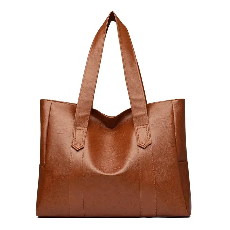 Women's Large Leather Tote Bag - Classic Solid Color Shoulder Handbag