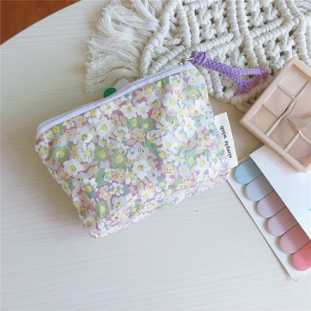 Summer Fresh Floral Print Cotton Coin Purse Mini Storage Small Cloth Bag Headphone Bag Travel Cosmetic Pouch Make Up Storage Bag