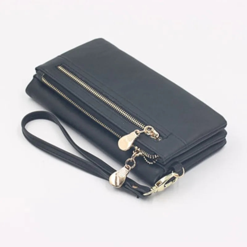 Large Capacity Women's Dull Polish Leather Wallet Double Zipper Clutch Wristlet Purse Phone Coin Card Holder Multi-pocket Wallet