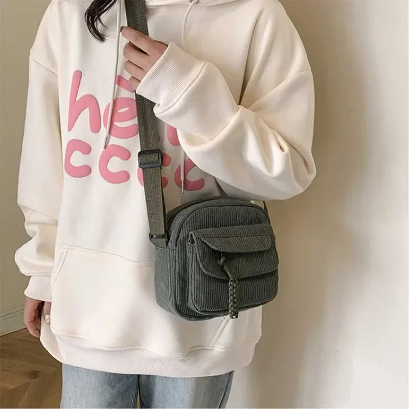 Korean Harajuku Messenger Bags Corduroy Women's Small Shoulder Bag Teenager Girl Crossbody Bag Cute Tote Student Bolsa