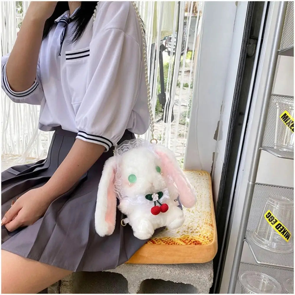 Kawaii Bunny Plush Shoulder Bag - Lolita Rabbit Purse with Pearl Chain