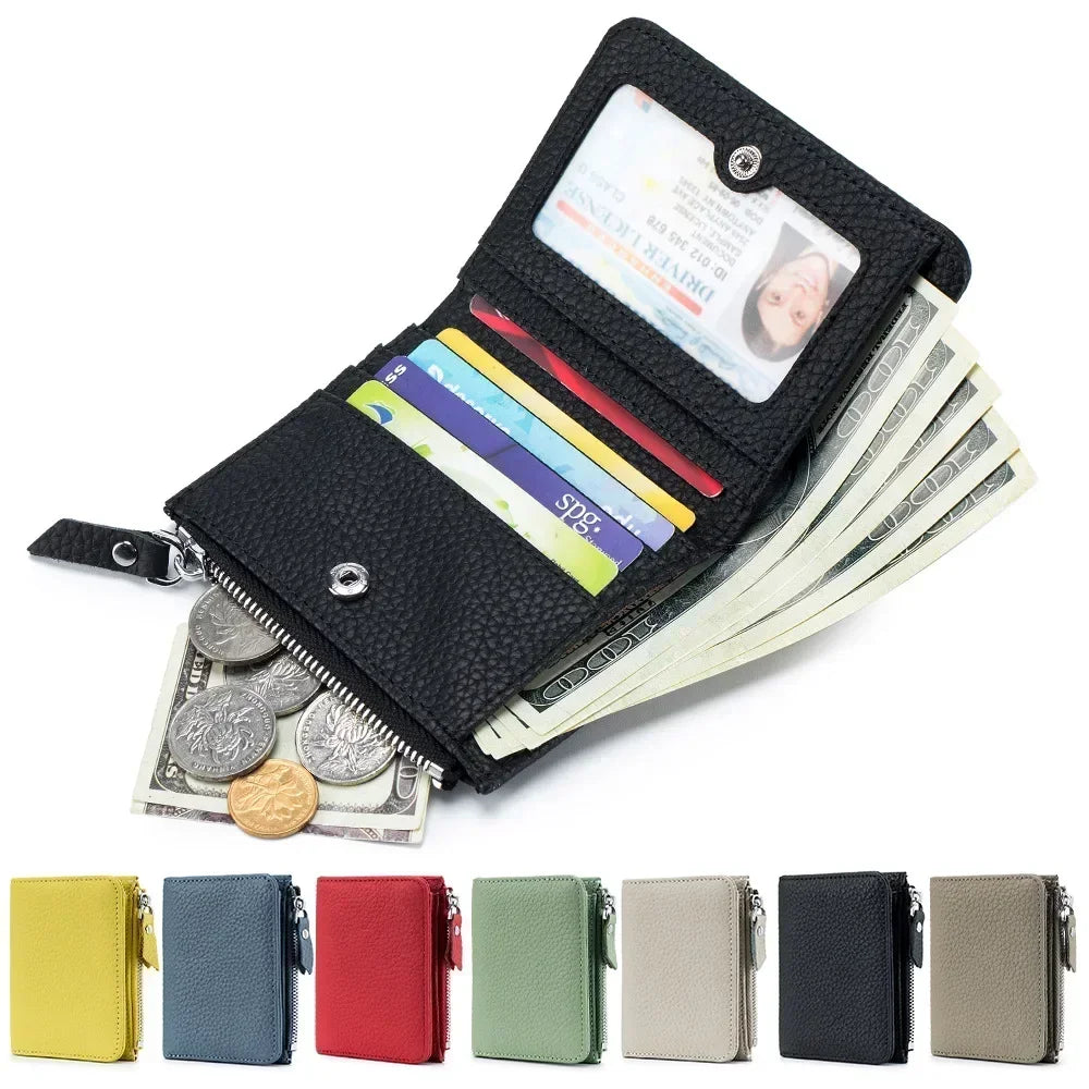 Genuine Leather RFID Short Wallets Card Holder Bag Portable Cowhide Small Zipper Money Coin Purse for Men Women Earphone Pouch