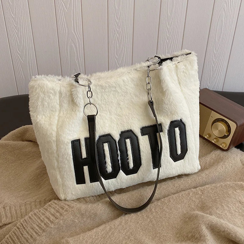 Letter Print Plush Tote Bag - Large Capacity Fashion Shoulder Handbag