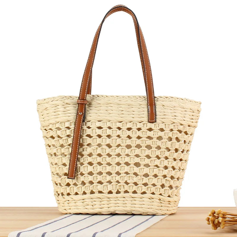 Summer Handwoven Straw Beach Women Tote Bags 2025 Vintage Hollow Out Basket Rattan Handbag Vacation Shoulder Bag New Beach Bag