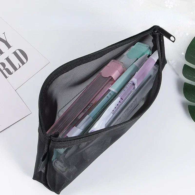 Gray Black Makeup Case Large Capacity Mesh Transparent Cosmetic Brush Bags Students Solid Color Zipper Nylon Pencil Case