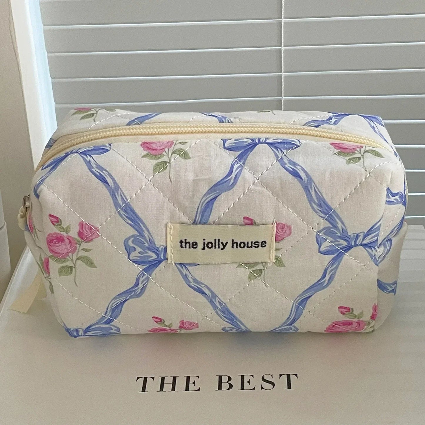 Cute Bow Flower Quilting Cotton Makeup Bag Women Zipper Cosmetic Organizer Female Cloth Handbag Portable Toiletry Case for Girls