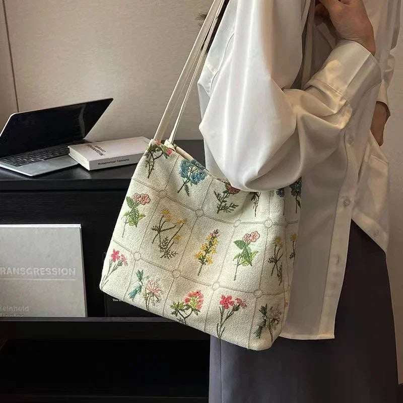 Large Embroidered Canvas Tote Bag - Trendy Summer Shoulder Bag