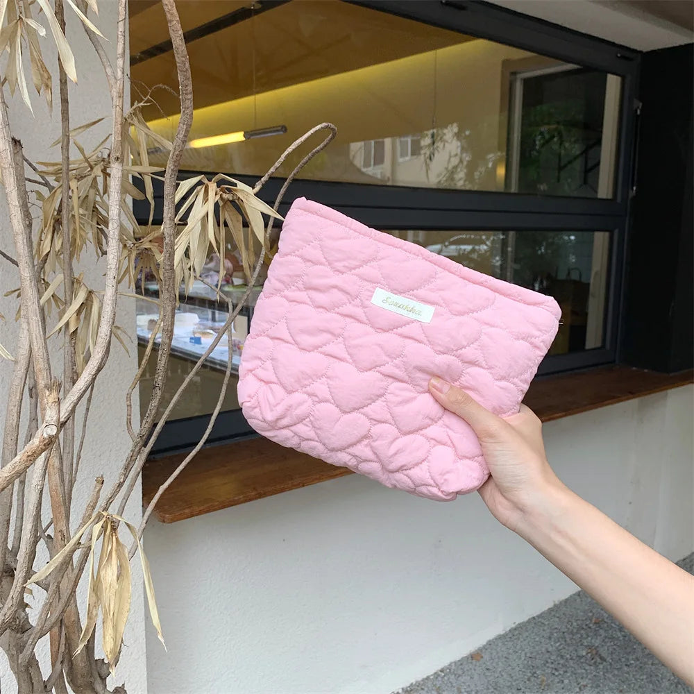 Women Girls Cute Makeup Bag Cotton Cosmetic Bag with Zipper Pouch Simple Portable Large Capacity Storage Bag Fashion Clutch