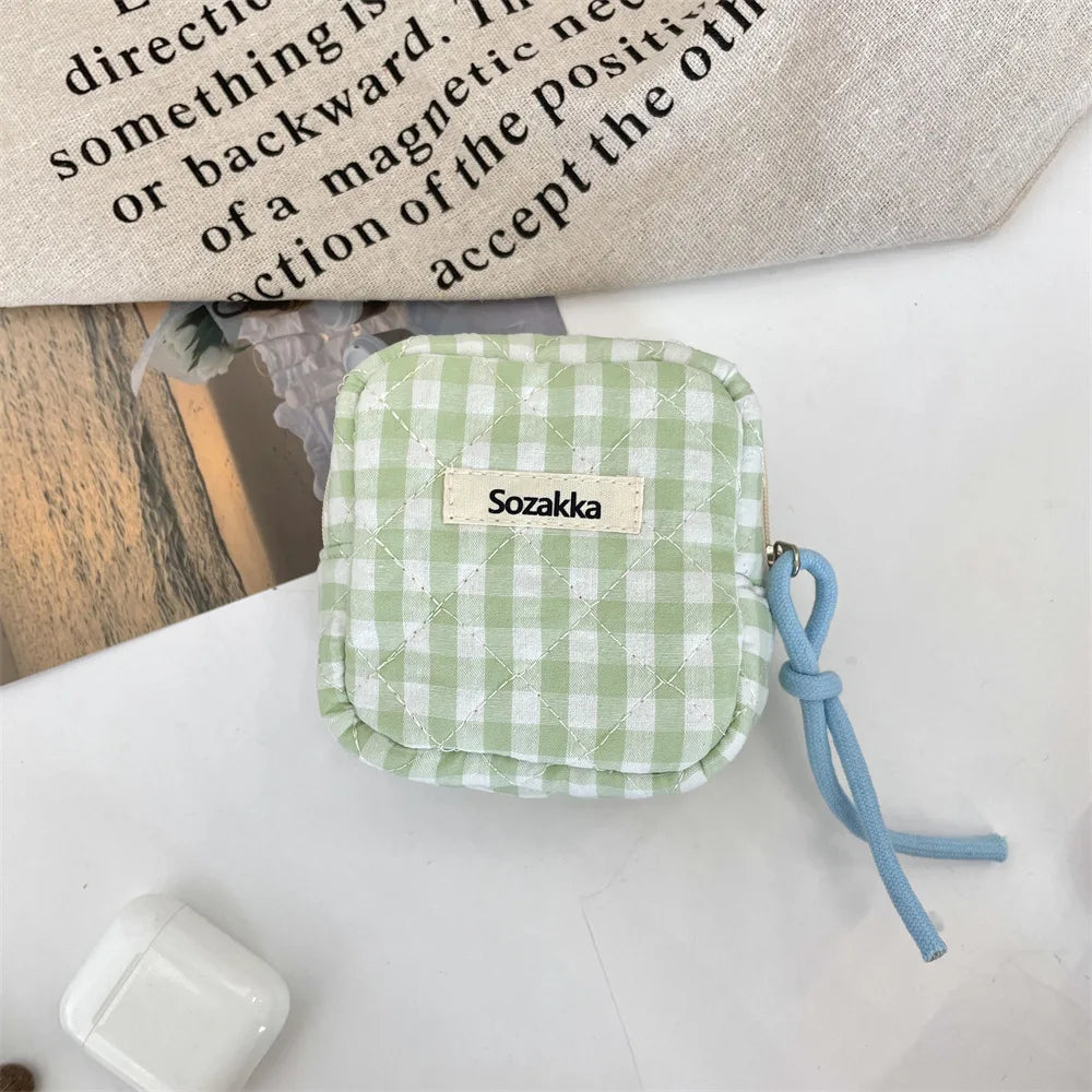 Mini Cute Plaid Square Cosmetic Bag Women Portable Earphones Lipstick Sanitary Napkins Storage Pouch Small Makeup Zipper Bags