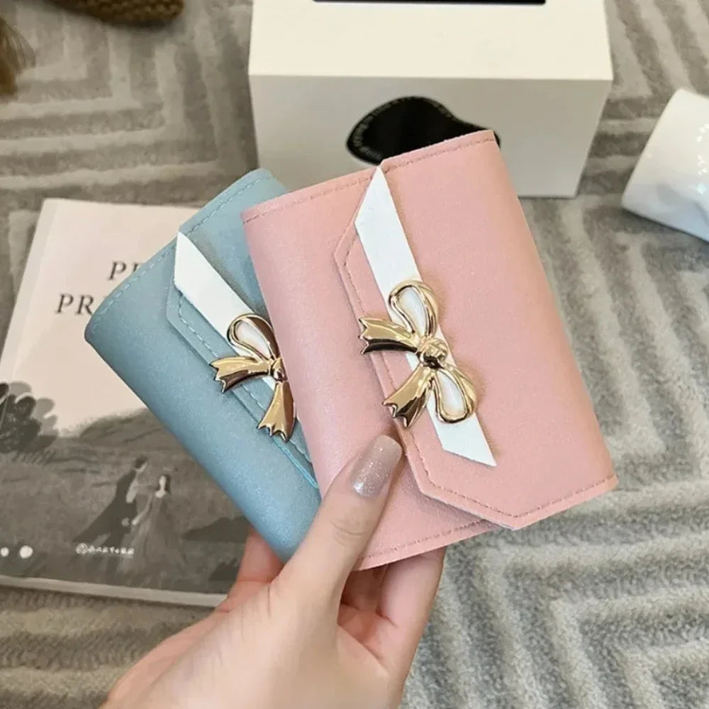 Women Wallet Foldable Portable Ladies Short Coin Purses Fashion Cute Bow Clutch Bag PU Leather Quality Female Card Holder Purse