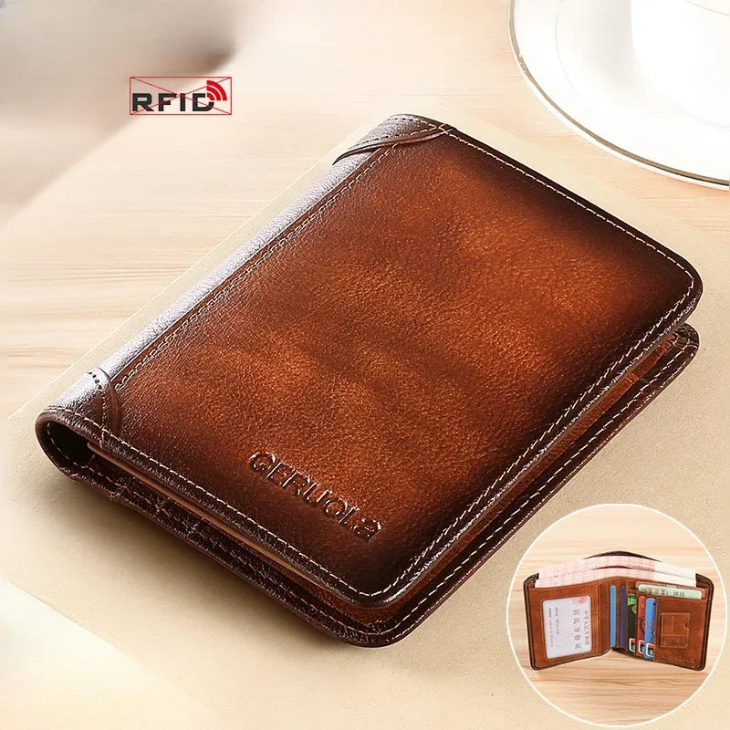 Men Wallet Genuine Leather Rfid Blocking Trifold Wallet Vintage Thin Short Multi Function ID Credit Card Holder Male Purse Money