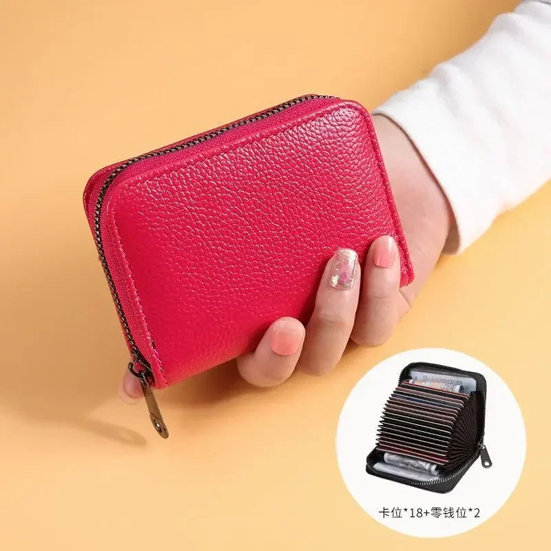 Multi Slot Card Holder Vintage Small Wallet Women Men Business Bank Credit Card Bag Male Coin Pouch Solid Leather Zipper Wallet