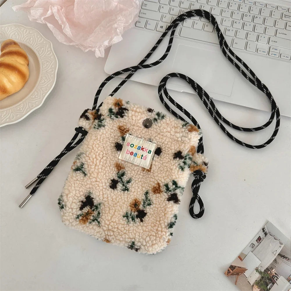 New Plush Dot Crossbody Bags for Women Cute Pink Single Shoulder Crossbody Bag Women Shopping Storage Bag Portable Phone Pouch