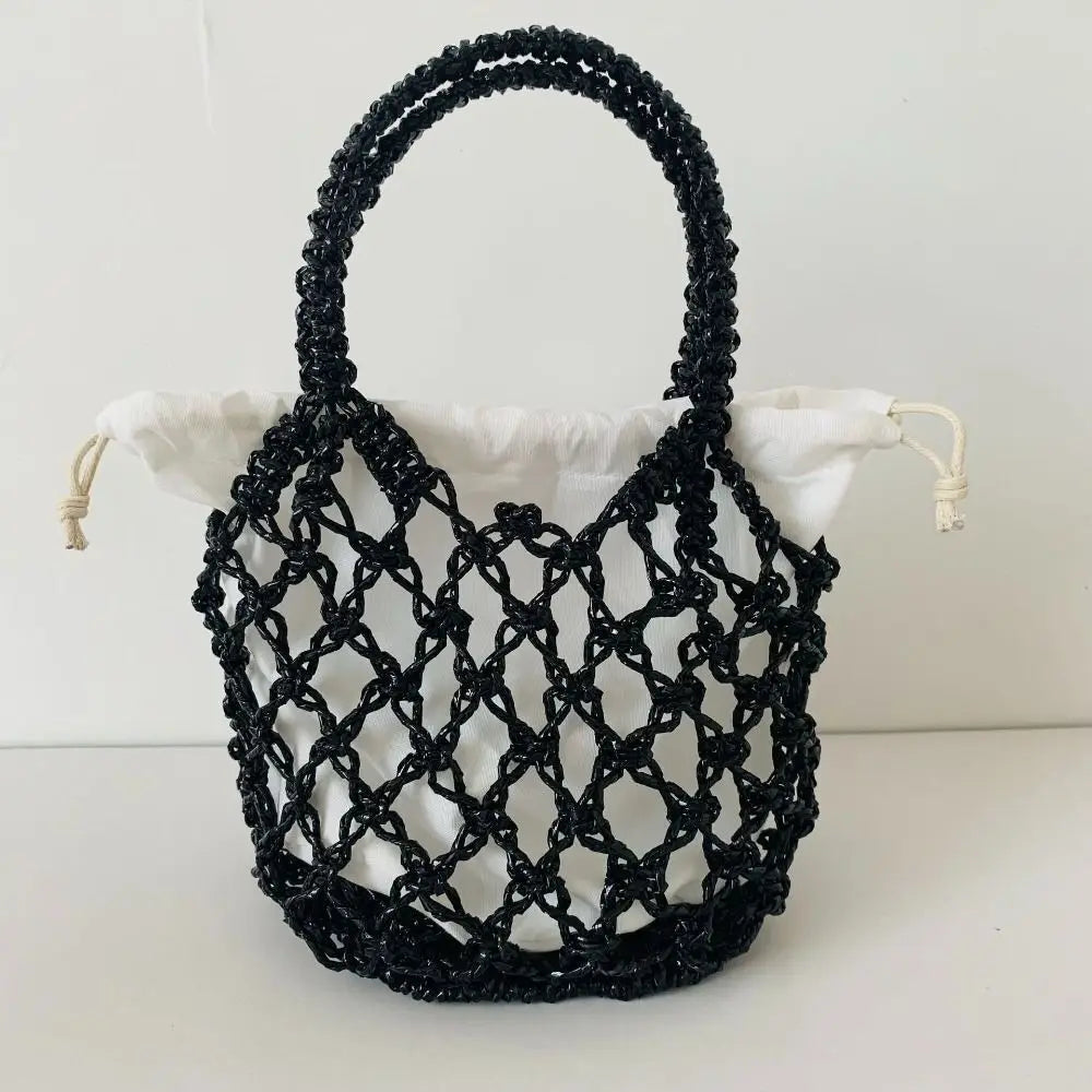 Fashion Portable Large Capacity Storage Bag Woven Bag Drawstring Bag Weave Bucket Bag Simple Beach Bag Women Girls Handbag