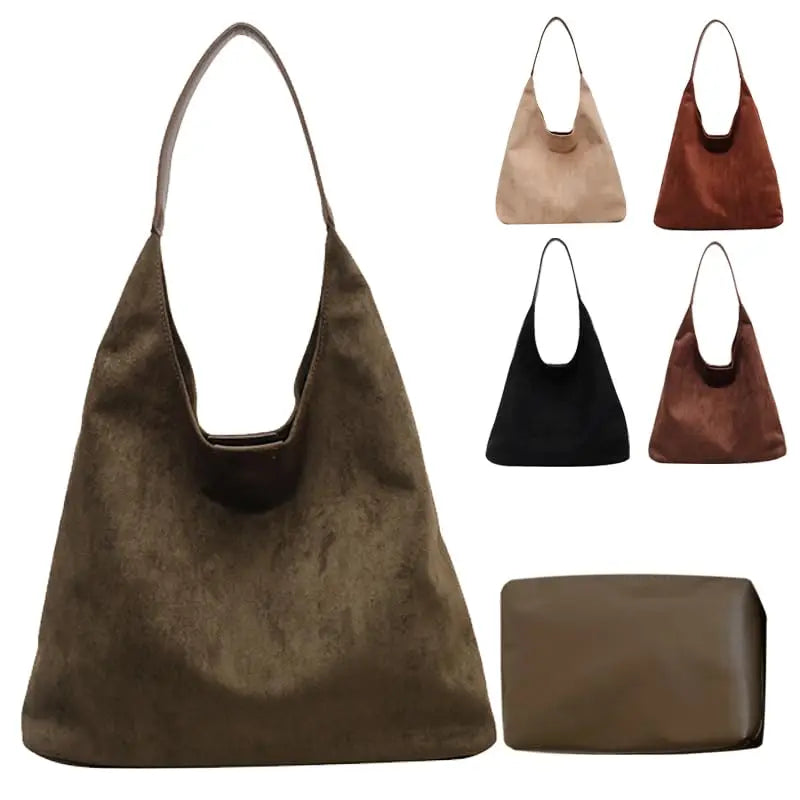 Suede Leather Shoulder Bag with Zipper Pocket - Women's Fashion Handbag