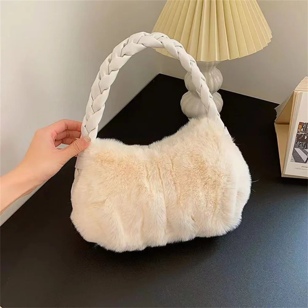 Winter Plush Shoulder Bag - Soft Knot Handle Purse, Fashion Underarm Tote