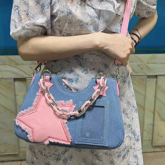 Fashion Denim Chain Shoulder Bag Handbag Purse Luxury Square Tote