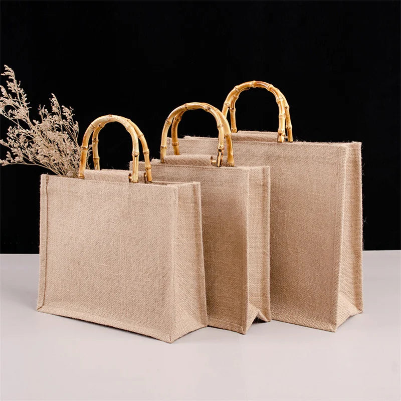 Portable Jute Shopping Bag with Bamboo Handles - Large Capacity Beach Tote