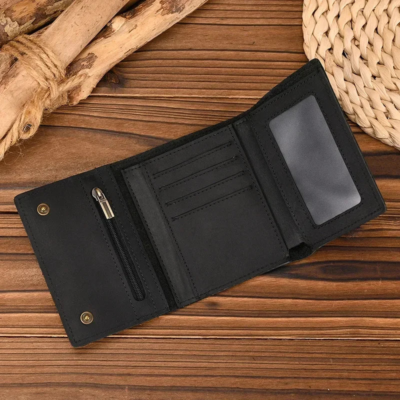 Men Genuine Leather Short Wallet with Chain Zipper Clutch Wallets Male Short Trifold Purse Card Holder Change Coin Purse