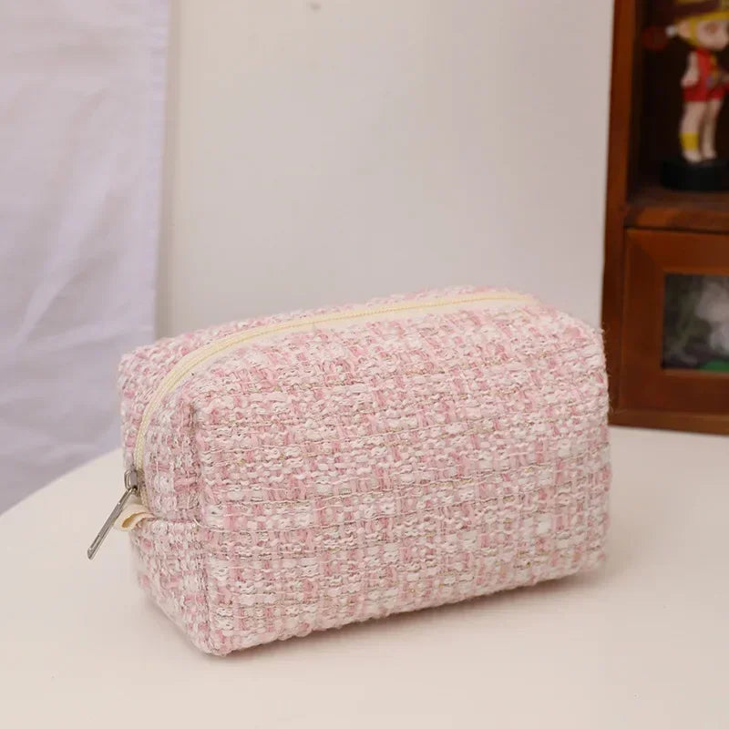 Black Canvas Plaid Travel Cosmetic Lipstick Storage Bag Cute Girls Makeup Handbags Organizer Stationery Pencil Cases Pouch Bag