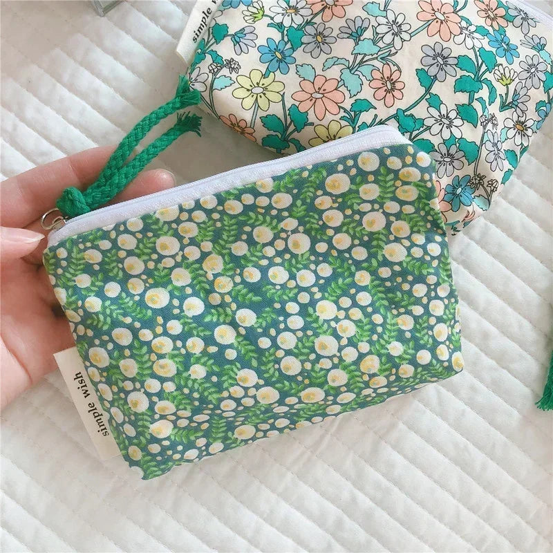 Summer Fresh Floral Print Cotton Coin Purse Mini Storage Small Cloth Bag Headphone Bag Travel Cosmetic Pouch Make Up Storage Bag