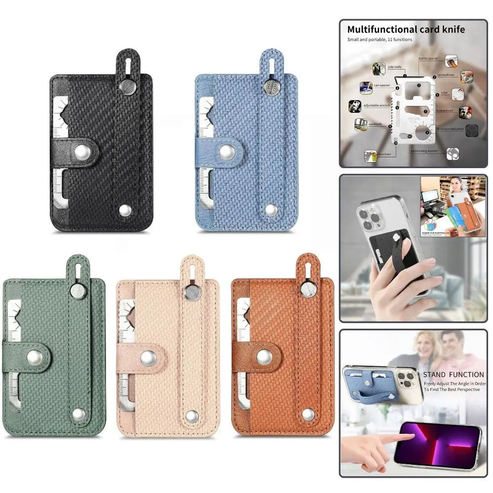 PU Leather Phone Card Bag Multifunctional Adhesive Back Sticker Phone Stand Holder Phone Protective Sleeve Bracket Wallet