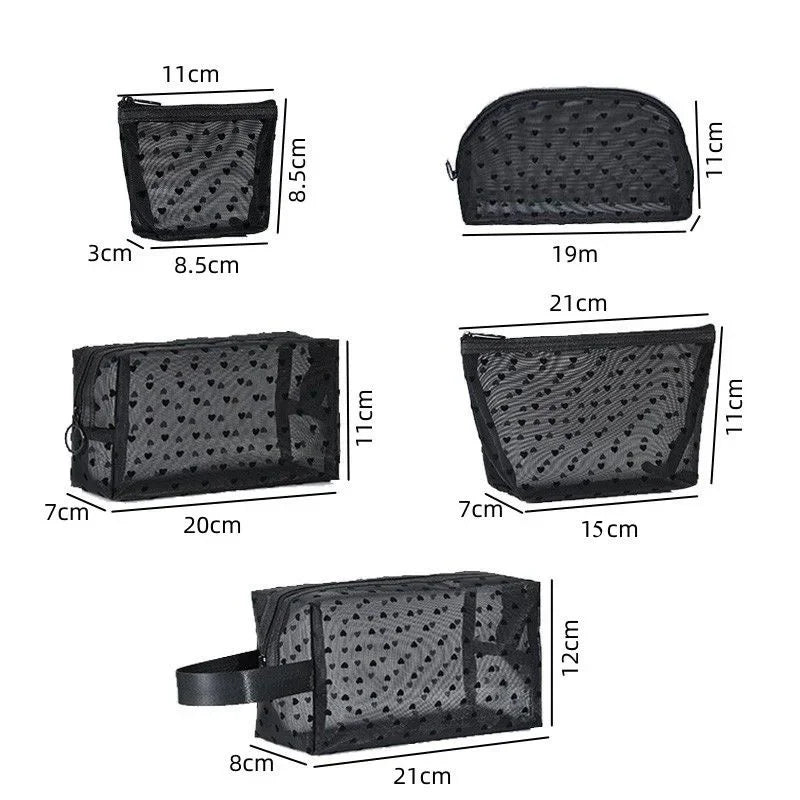 Nylon Mesh Cosmetic Bag Multifunctional Zipper Heart Shaped Toiletry Organizer Makeup Bags Women Lipstick Key Coin Purse Pouch