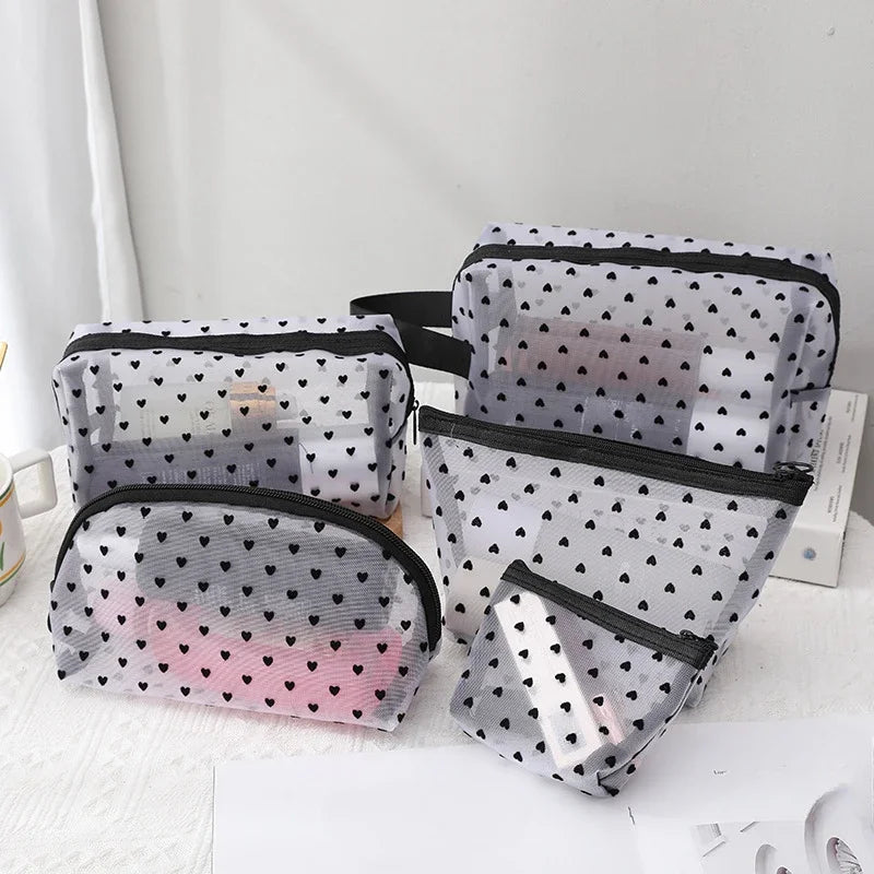 Heart Shaped Transparent Mesh Makeup Bag Women Cosmetic Toiletry Storage Bag Ladies Lipstick Key Coin Organizer Bags Purse Pouch