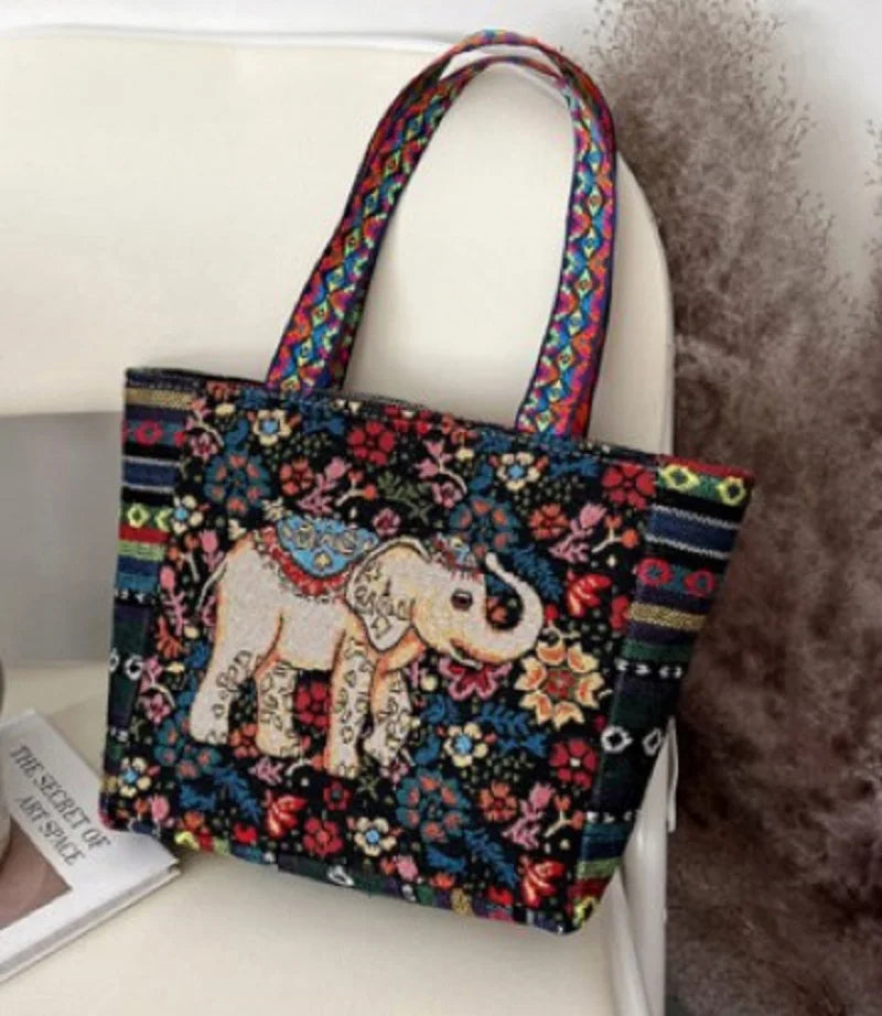 Boho Owl Elephant Pattern Linen Tote Bag